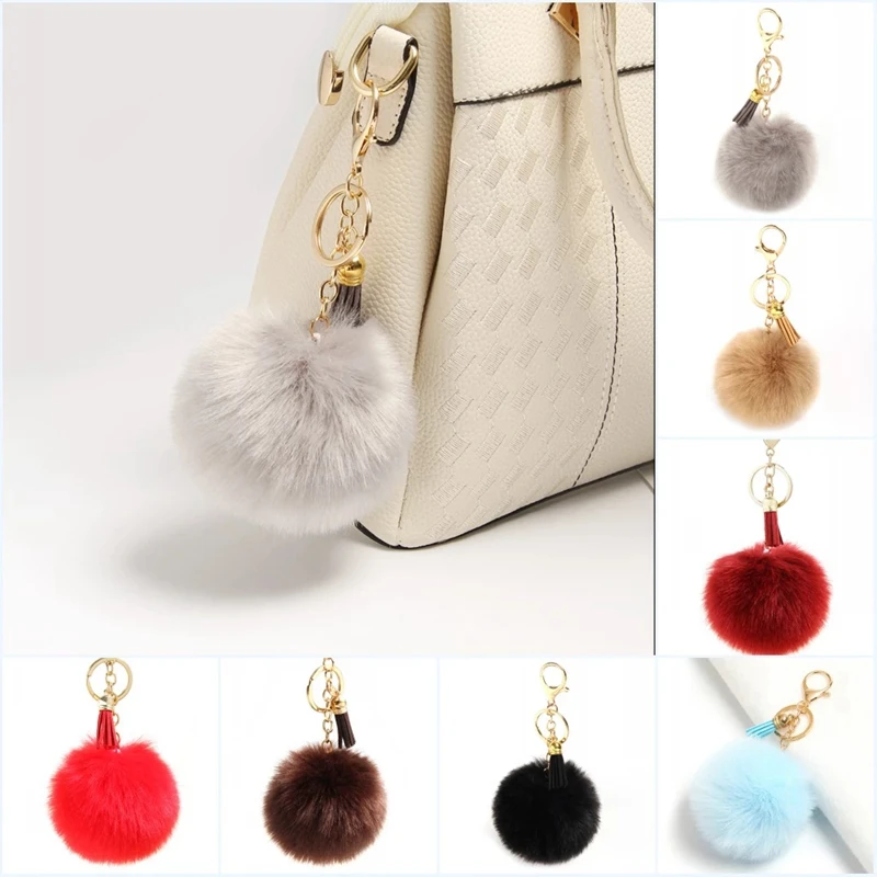 

Furling Faux Rabbit Fur Fluffy Pompom Keychains with Colorful Key Rings Tassel Key Holder Soft Ball Bag Accessories