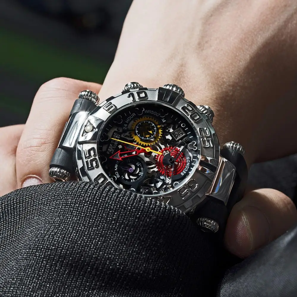 Мужские наручные часы Reef Tiger/RT спортивные с резиновым ремешком и стальным