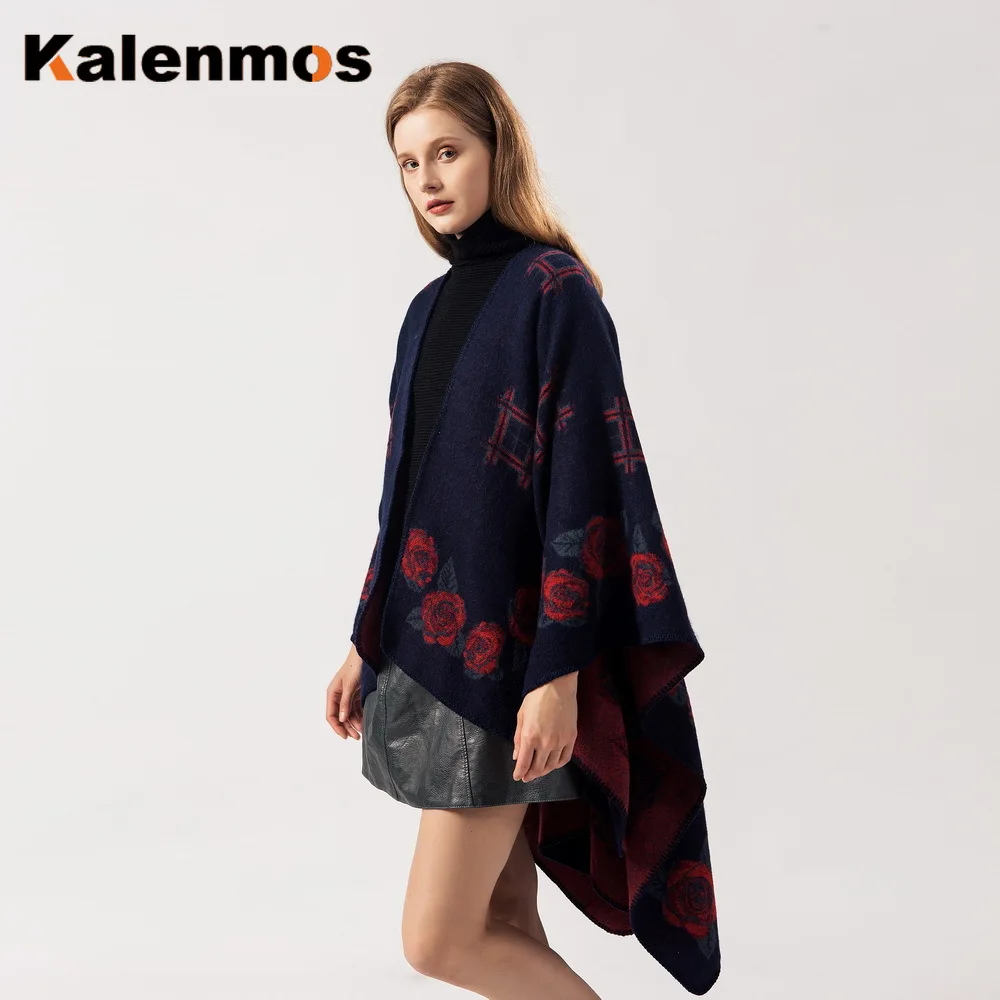 Плащ-пончо шарф Женская печать имитация розы кашемировые накидки Национальный