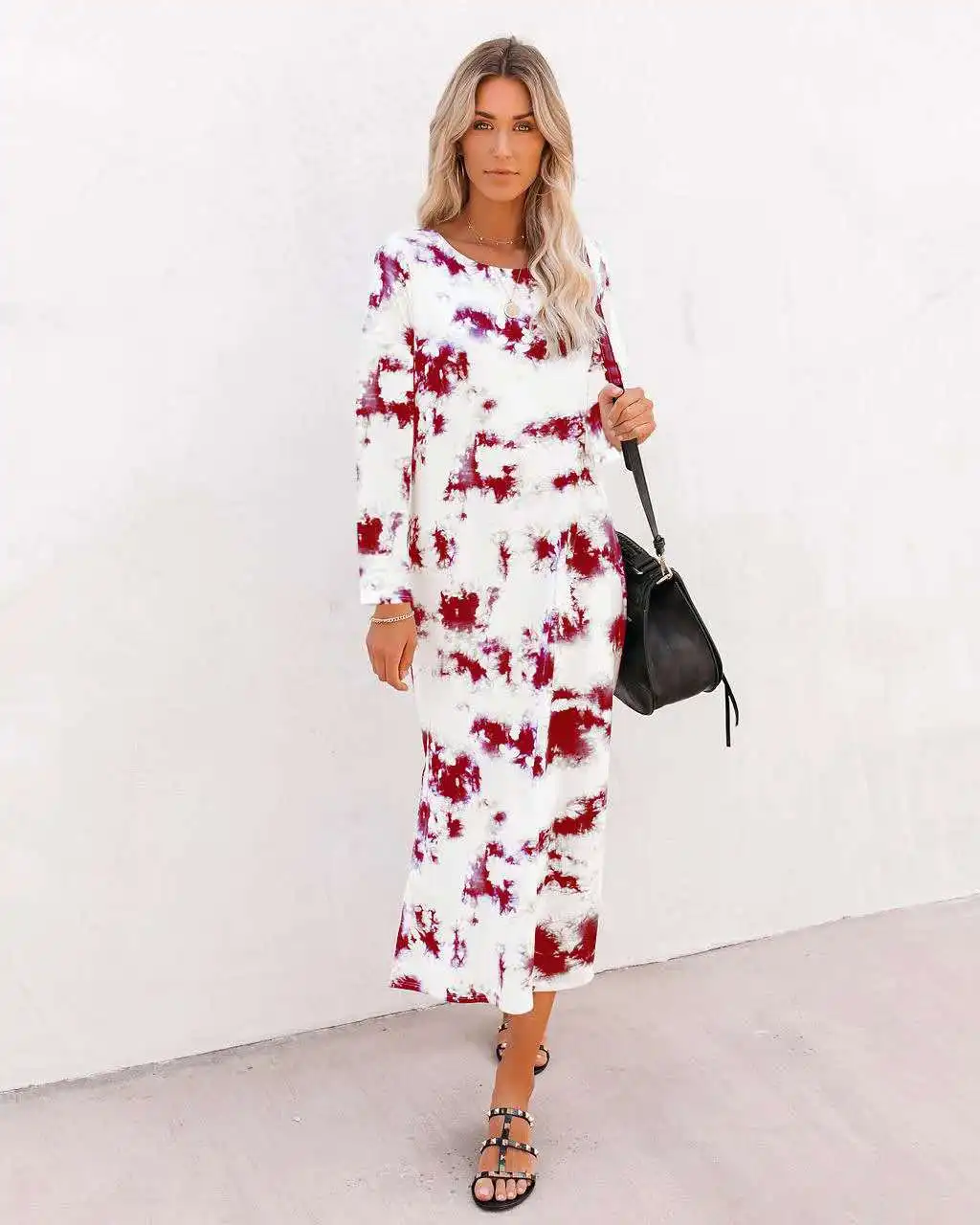 

Fall 2020 Lashion Casual Round Neck Print Dye Sexy Long Sleeve Dress Women's Fashion Casual Dress Black Wine Red Plus Size 3xL