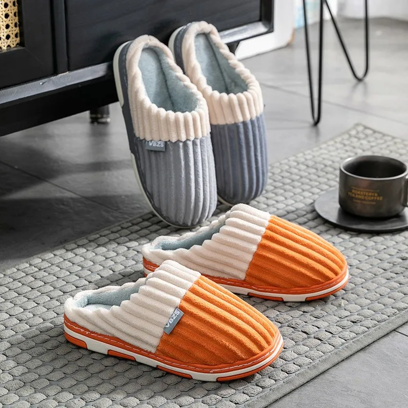 

Women Men Winter Warm Slippers Stripes Suede Thick Soled Cotton Shoes Home Indoor Couple Boys Girls Non-slip Faux Fur Slides