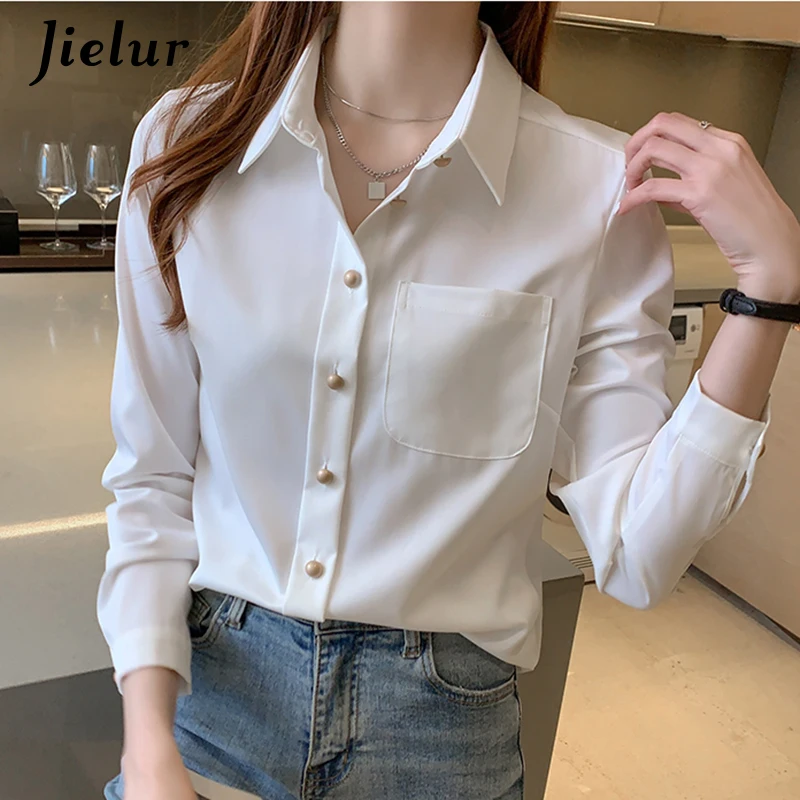 

Jielur Spring Button White Shirt Fashion Slim Vintage Blouse Women Lady Long Sleeve Female Top BF Korean Blusas Pockets S-XXL