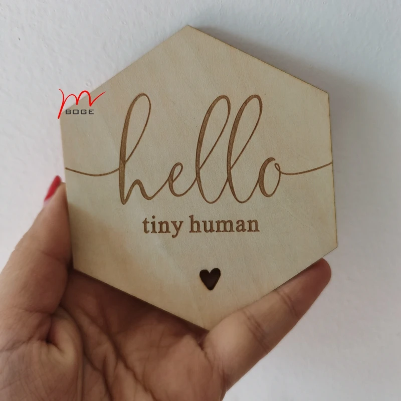 20 Uds. Hello Tiny disco de madera humano, anuncio de beb&eacute;, tarjeta hexagonal de llegada de beb&eacute;-0