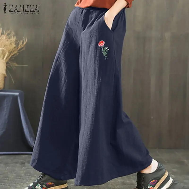 

Women Vintage Embroidery Pants ZANZEA 2021 Summer Cotton Wide Leg Pants Casual Elastic Waist Pants Oversized Holiday Loose Botto