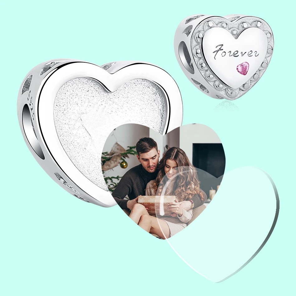 

ELESHE 100% 925 Sterling Sliver Heart shape forever Love Charm Custom Photo Bead Fit Original Bracelet DIY Women Jewelry Gift