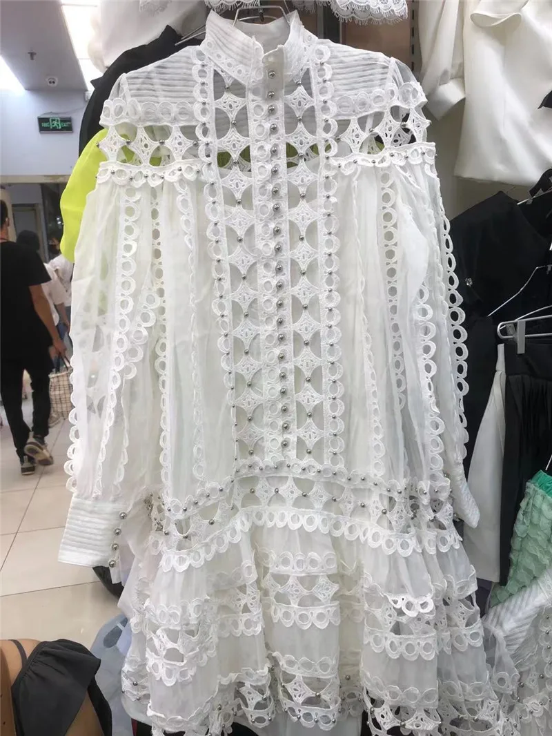 

Early Autumn Girl New Dignified Hollow Beaded Shirt Dress Slim-Fit Long Sleeve Hip Skirt Fashion White Dress Knee-Length