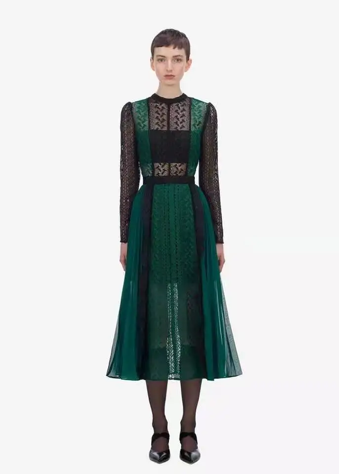 Женское шифоновое платье-Автопортрет зеленое Плиссированное кружевное платье с
