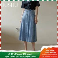 dushu vintage denim skirt buttoned blue a line skirt long skirts for women high waisted umbrella skirt solid color cotton skirt