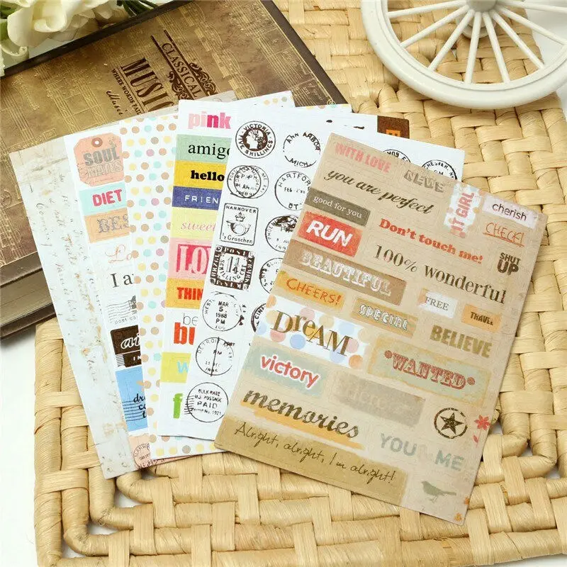 

6Sheets Cartoon Letter Print Memo Pads Paper Sticker Stationery Vintage Stamp Sticker For Diary Scrapbooking Decor