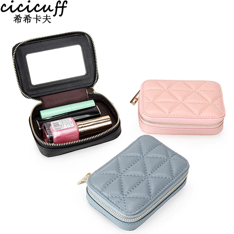 

2021 Fashon Lipstick Box Square Travel Genuine Leather Makeup Organizer Case with Mirror Lip Sticks Leather Holder Cosmetic Bag