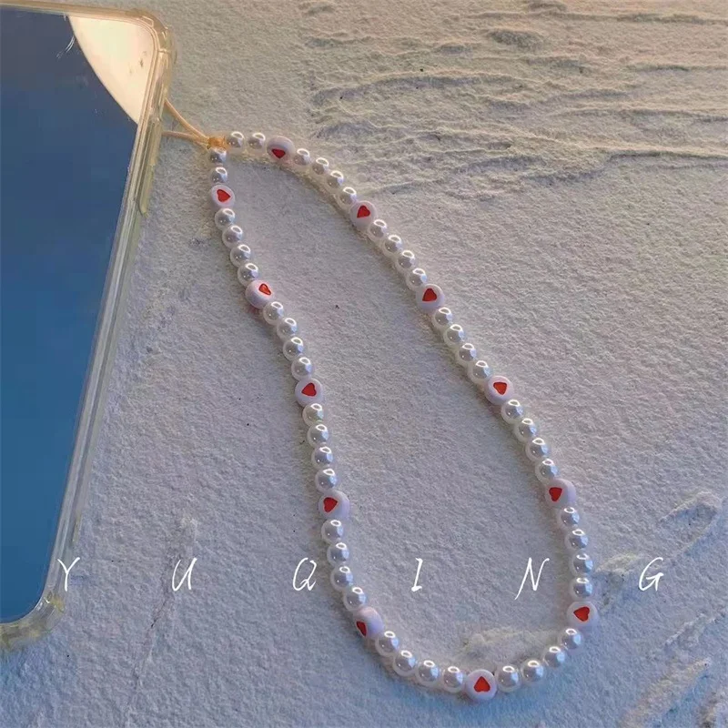 new ins trendy red love heart pearl chain mobile phone chains anti lost handmade acrylic charm cord lanyard for women girls free global shipping