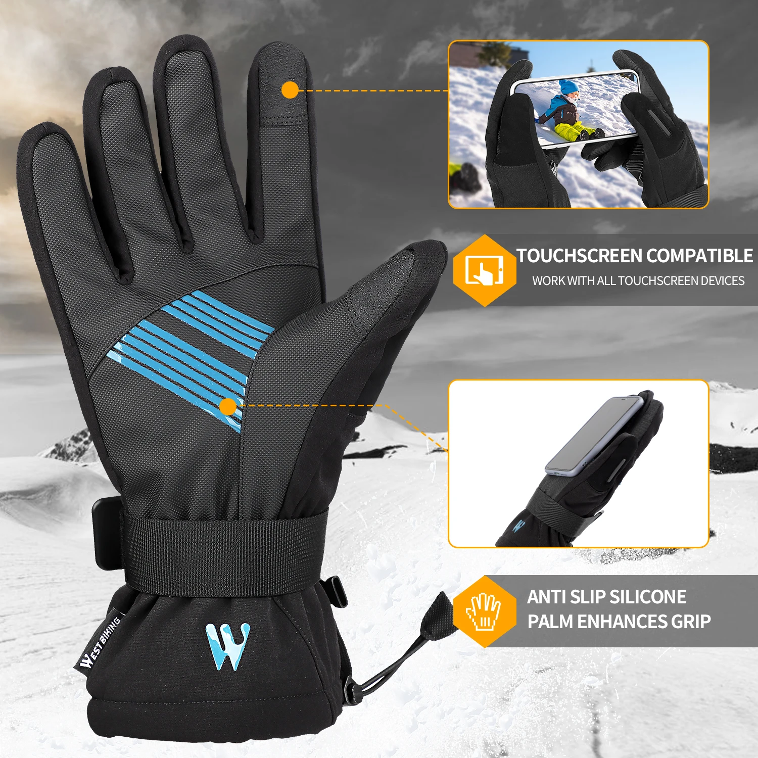 WEST BIKING 2 Pairs Suit Ski Gloves Winter Super Warm 3M Thinsulate Snowmobile Touch Screen Motorcycle Cycling Sports | Спорт и
