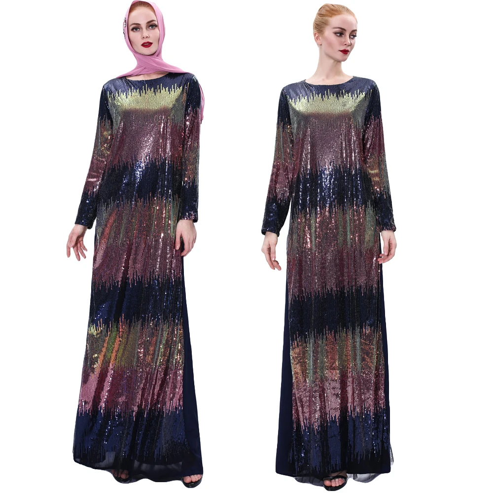 

Muslim Women Sequins Long Dress Luxury Party Islamic Gown Ramadan Slim Abaya Arab Jilbab Kaftan Robe Long Sleeve Middle East New