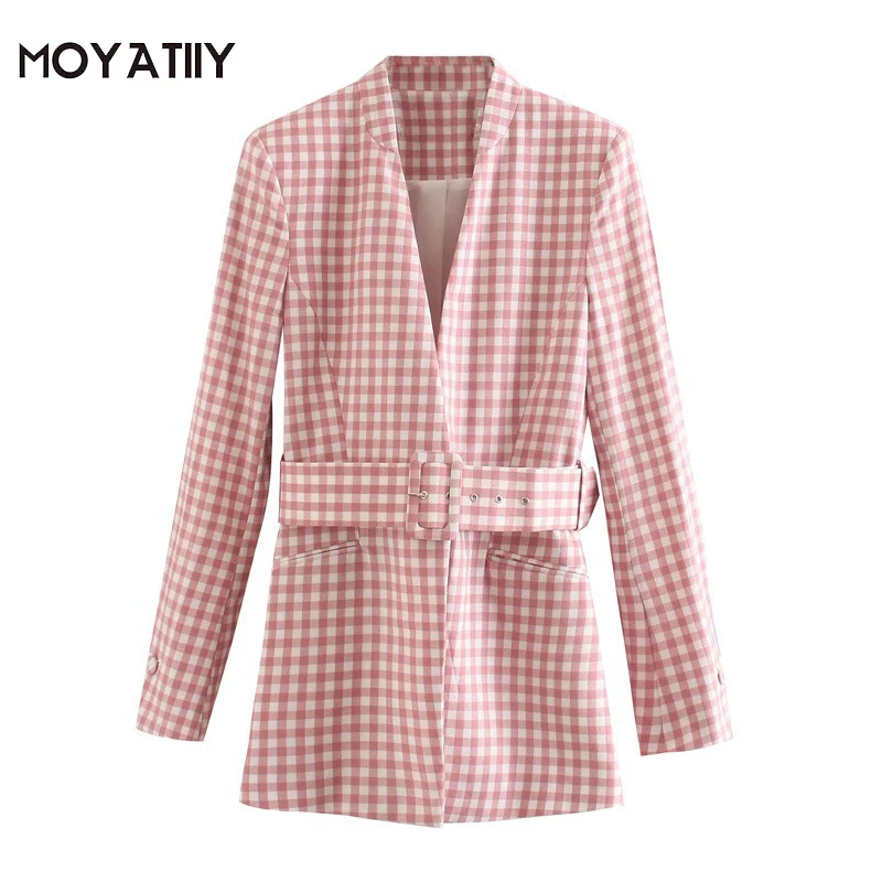 

MOYATIIY Women Fashion Autumn Blazer Coats Safari Style Pink Plaid Design Slim Waist Overcoats with Belt Female Tops Outwear