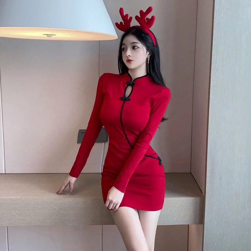 

Women Dress Spring Autumn New Long Sleeve Vintage Cheongsam Chinese Style Fashion Slim Sexy Cotton Sheath Half High Collar Dress