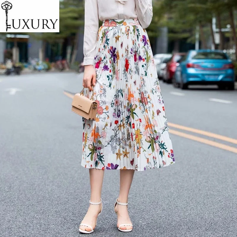 

Skirts 2020 Summer Fashion Quality Women Beautiful Floral Print High Waist Mid-Calf Length Pleated Casual Maxi Skirt Female
