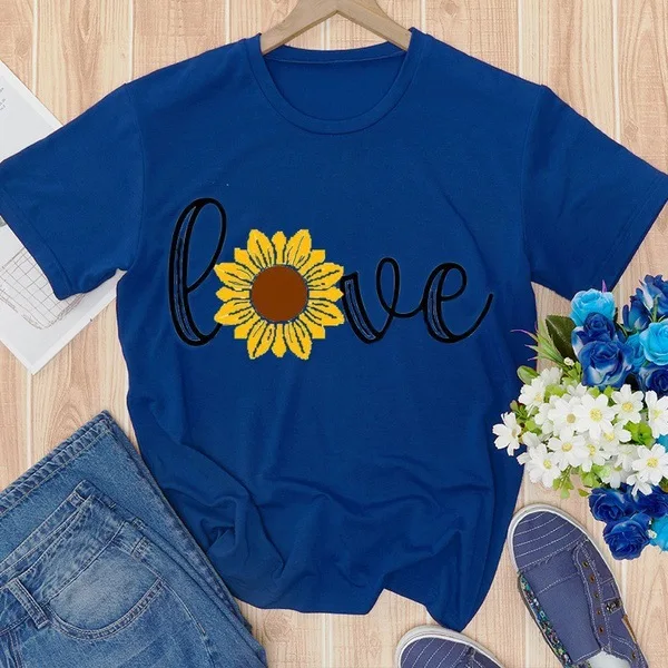 

Vogue Woman Tshirt Top O-neck Short Sleeve Sunflower Printed Cotton Casual Top Plus Size LOVE T Shirt Femme Tee