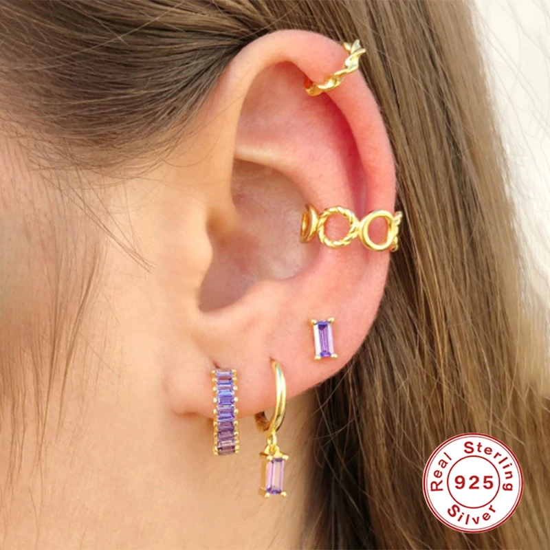 

Aide Prevent Allergy 925 Sterling Silver Hoop Earrings for Women Purple CZ Crystal Huggie Earring 2021 Fashion Jewelry kolczyki