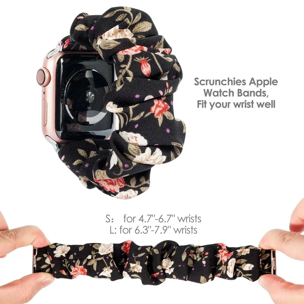 Printed Fabric Band for Apple Watch SE Scrunchies 42mm 40mm Women Rose Gold Elastic Strap 38mm 44mm for Apple Watch 6 5 4 3 2 1
