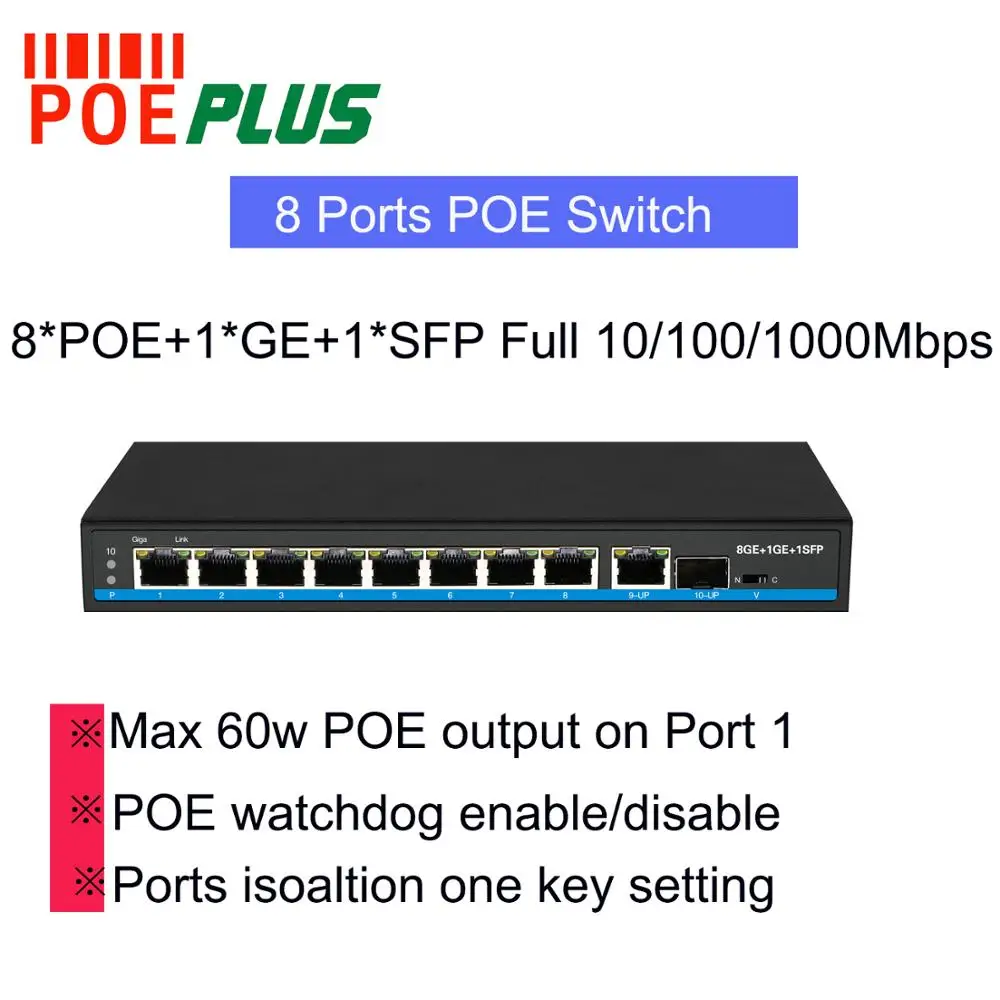 8 портов POE коммутатор 100/1000 м с 1 SFP оптический и GIGA TX uplink порт 802.3af/в Китае