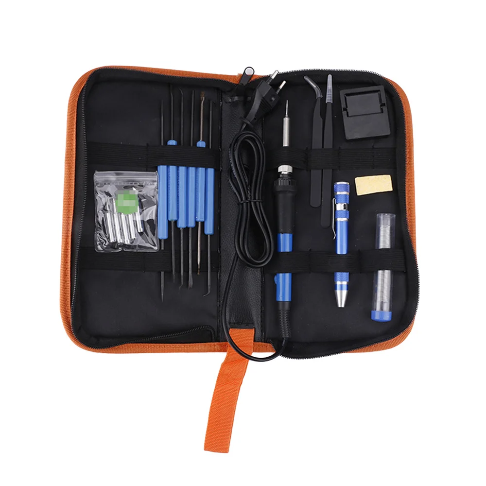 

19pcs 60W Adjustable Temperature Electrical Soldering Iron Kit Thermoregulator Pump Tin Wire Pliers Welding Tools Storage Bag wi