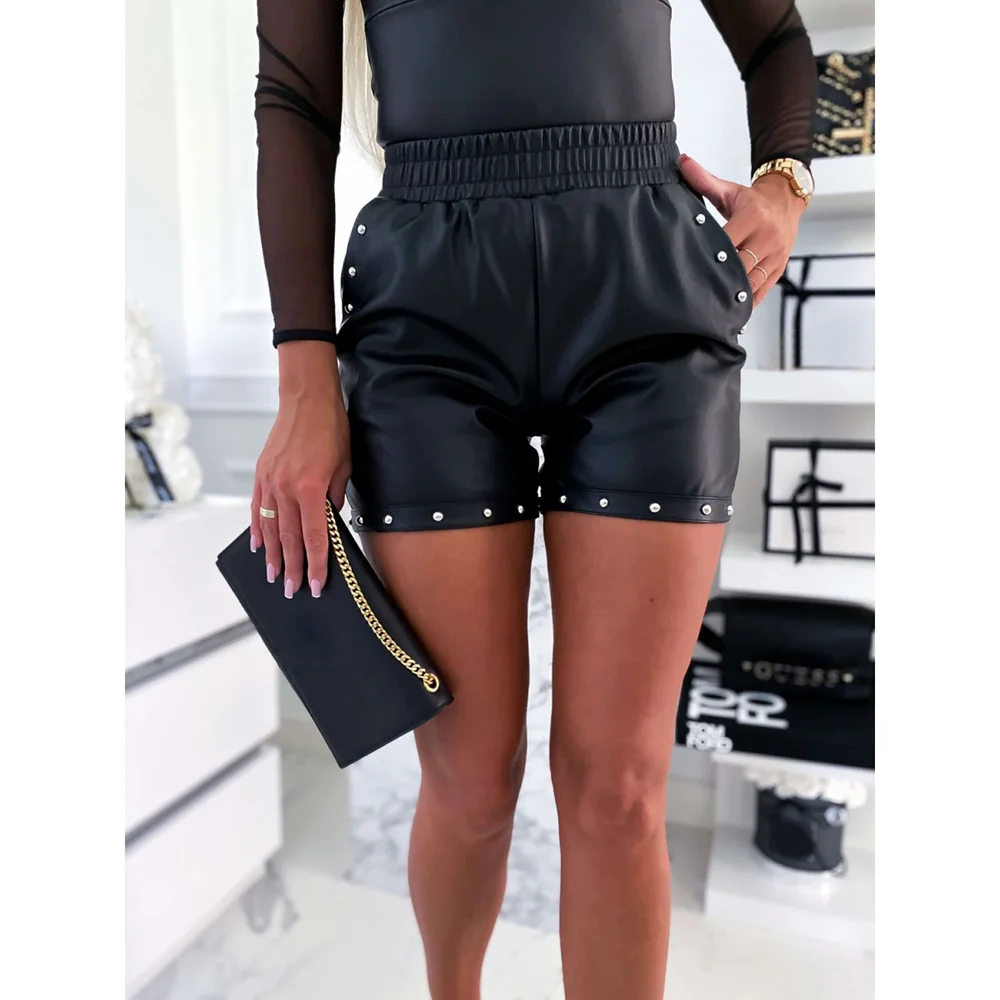 

Rivet PU Leather Shorts Women High Waist Solid Black Elastic Waist Shorts Autumn Sexy Lady PU Shorts Female Short Trousers D30