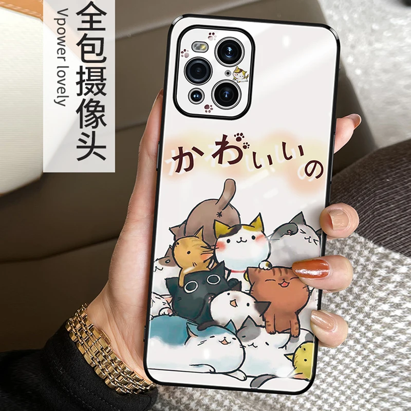 

OPPO Find X3 Case Tempered Glass Little cat Cover OPPO Find X3 Pro Phone cartoon Cases Luxury pink love Bumper FindX3 Fundas