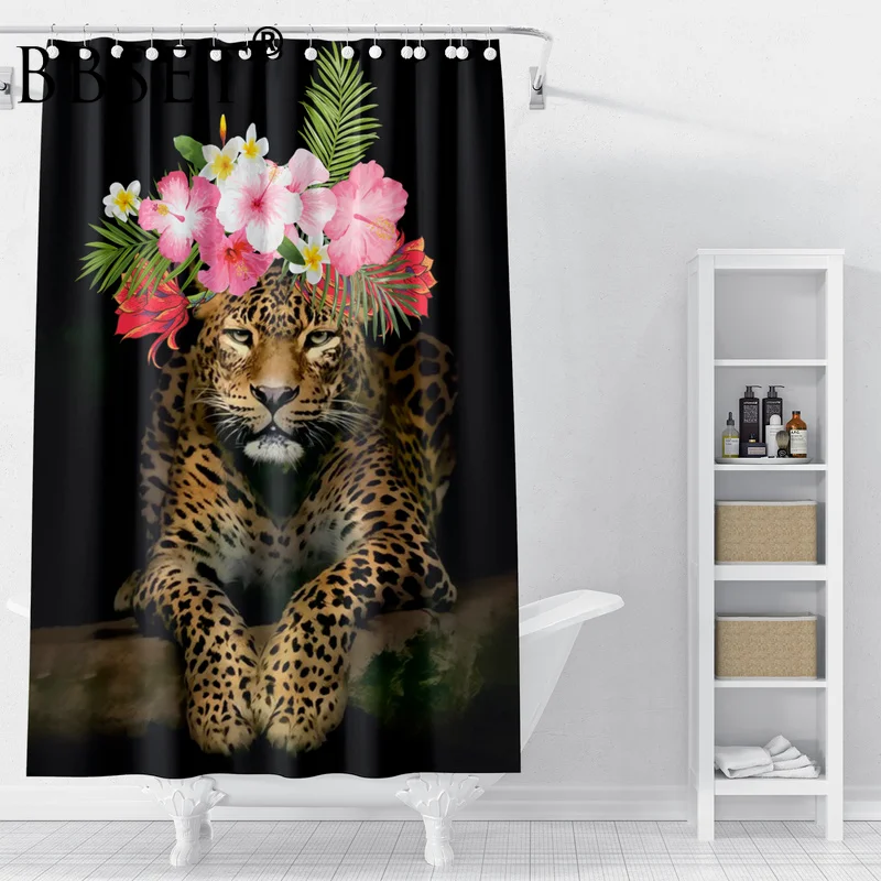 

Водонепроницаемая занавеска для душа с изображением животных, свирепый Леопард с венком, разные размеры, украшение для ванной комнаты