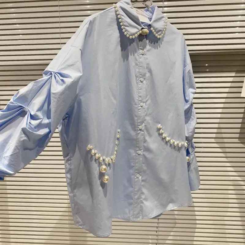 

2021 Spring New Large Particle Pearl Female Blouse Beaded Design Long Sleeve Blusas Temperament Shirt for Women Top Camisas