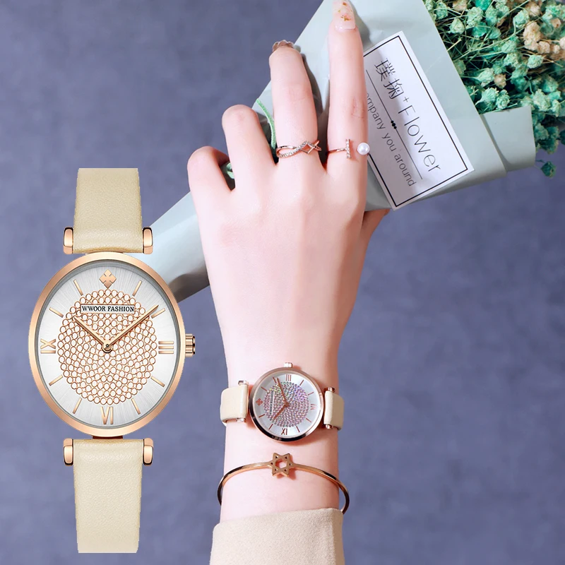 

Montre Femme WWOOR Leather Strap Women Watch Top Brand Luxury Diamond Female Quartz Watch Waterproof Simple Fashion Ladies Clock