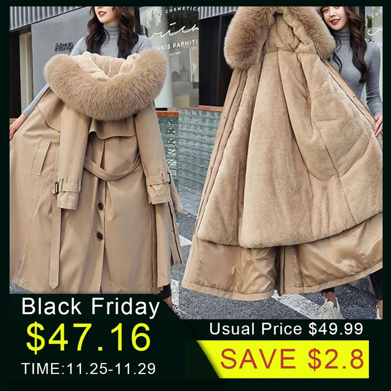 

Women Winter Jacket Hooded X-Long Thick Faux Fur Padded Parkas Woman Distachable Plus Size Coat kurtka puchowa damska z futrem