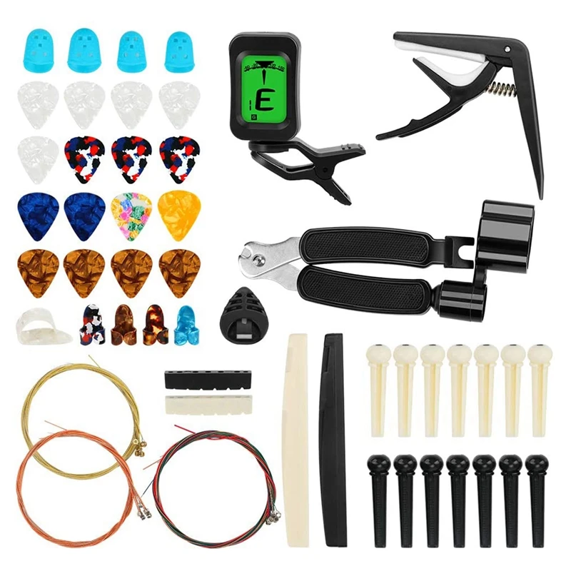 

Аксессуары для гитары Dropship-65 PCS с гитарными струнами, тюнер, каподастр, Pick s, Pick Holder, Thumb Finger Pick s, Bridge Pins