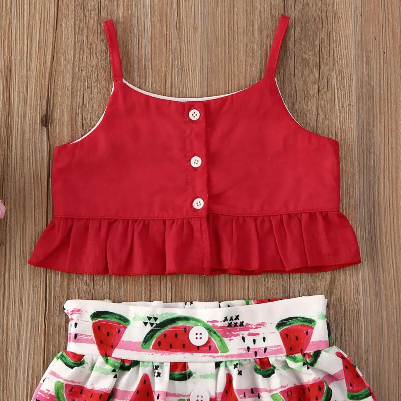 

Toddler Baby Girl Clothes Solid Color Sleeveless Button Vest Crop Tops Watermelon Print Mini Skirt 2Pcs Outfits Clothes 1-5Y
