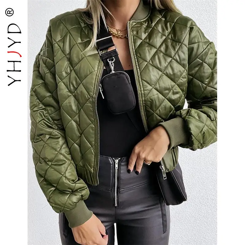 

YHJYD Fashion Quilted Coats for Women 2021 Autumn Winter Outwear Vintage Baseball Jacket Zip Up Cropped Windbreaker