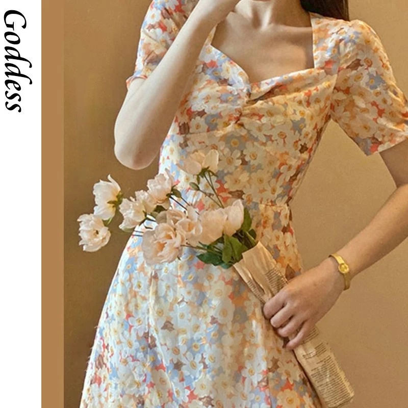 

2021 New Designer Midi Sundress Korean Clothing Vintage Floral Dress Women Summer Puff Sleeve Square Collar Fairy Dress Female
