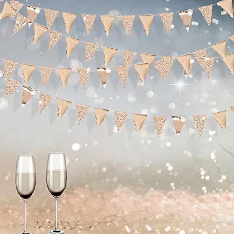 

Champagne Gold Double Sided Glitter Metallic Paper Triangle Flag Bunting Banners Decoration for Wedding Birthday Christmas Party