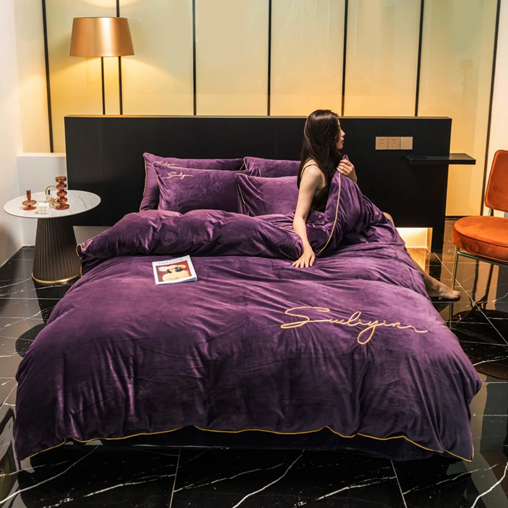 

Thickened Winter Warm Flannel 3/4pcs Bedding Set Milk Velvet Quilt Duvet Cover Solid Color Snow Fleece Bed Sheet Pillowcase Sets