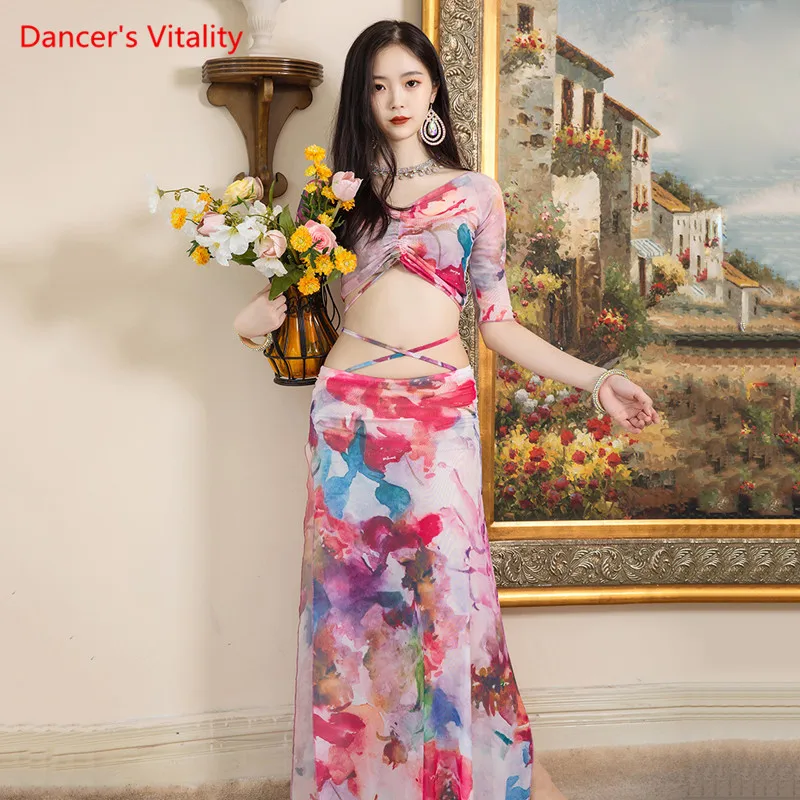 Комплект для танца живота сетчатый топ с принтом половина рукава юбка разрезом