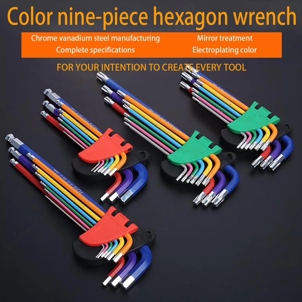 9Pcs 1.5mm-10mm Color Coded Ball-End Hex Allen Key L Wrench Set Torque Long Metric With Sleeve Hand Tools Bicycle Accessories