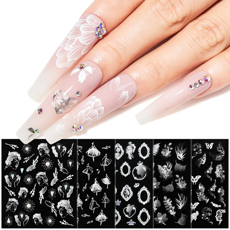 

MSRUIOO 1pc White Embossed Nail Sticker Flower Lace 5d Decal Wedding Nail Art Designs Floral Butterfly Japanese Manicure Decor