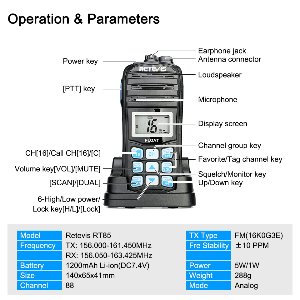 Cena RETEVIS VHF Radio RT55 Profesjonalnego Typu „ Float ”Walkie Talkie Wodoodporna Dwa-way Radio NOAA Pogoda Alert 5W Marine Radio VHF
