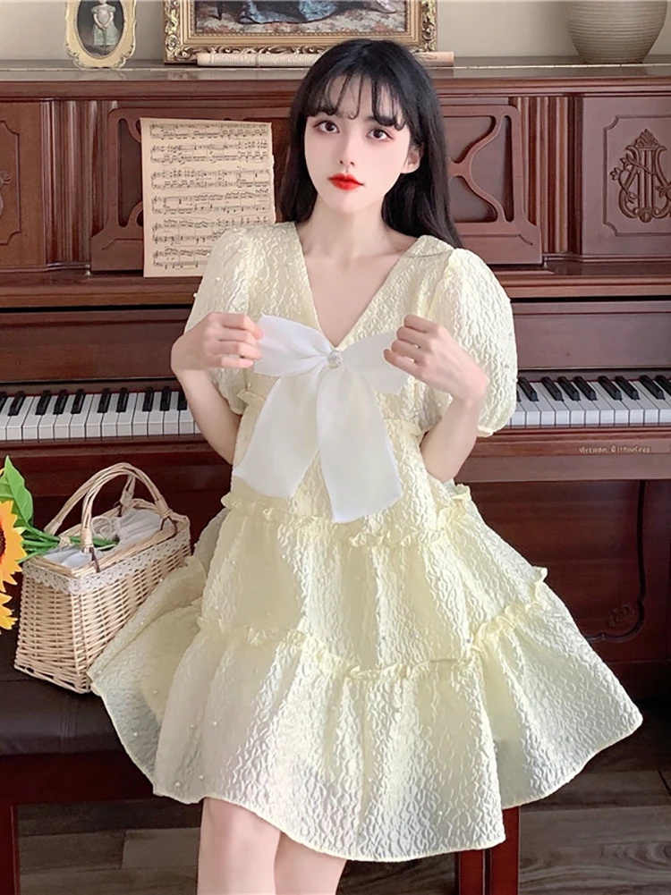 

New fashion puff sleeve bowknot V-neck solid color princess dress for women