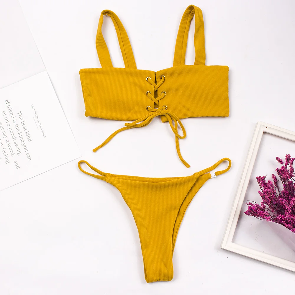 Однотонная купальная одежда Тонг бикини 2020 женский пуховик бюстгальтер Бандаж