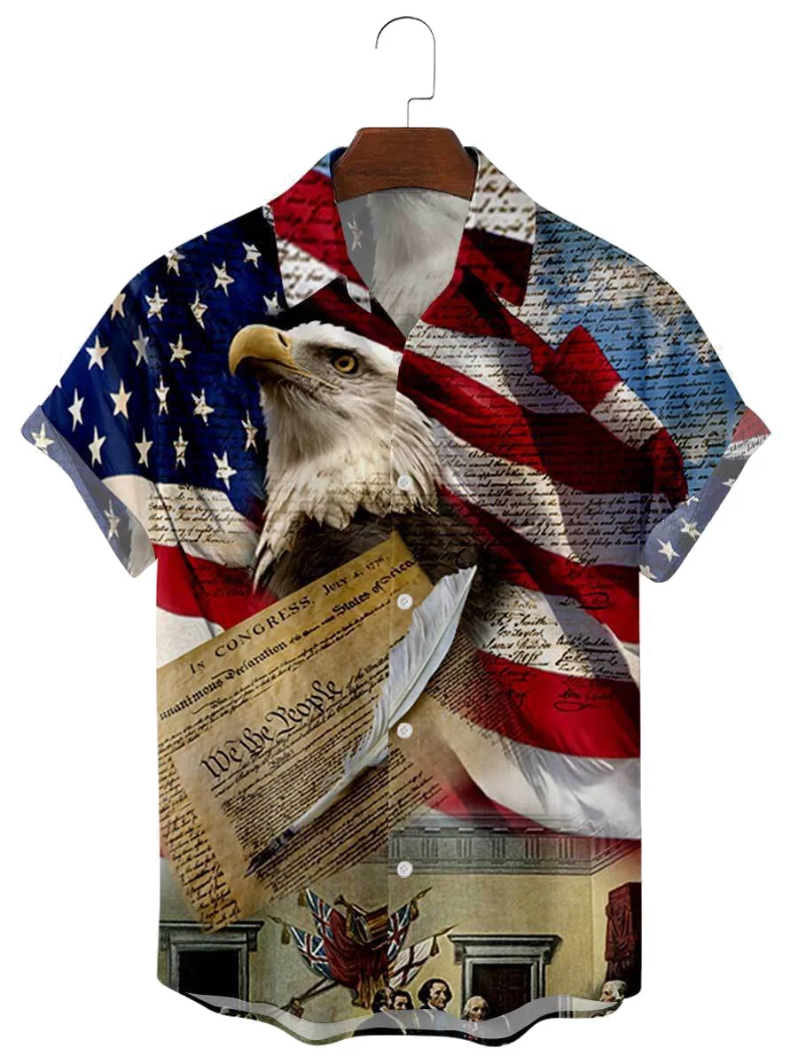 

2021 Men's Short Sleeve Lapel Shirt Large Size Flag 1 3D Printed Men's Shirt with Pockets