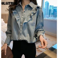 2020 hot sale women sweet denim ruched loose slim tiered ruffles jean shirt long sleeves tops basic female shirt blouse