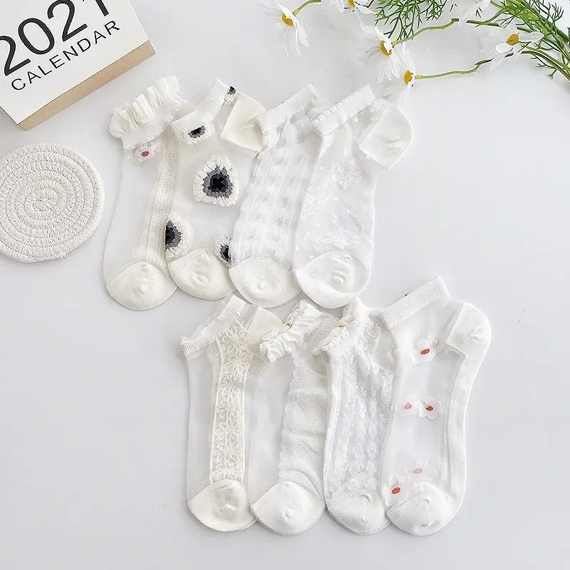 

Носки женские прозрачные шелковые, тонкие дышащие ультратонкие, с оборками, с кристаллами, летние