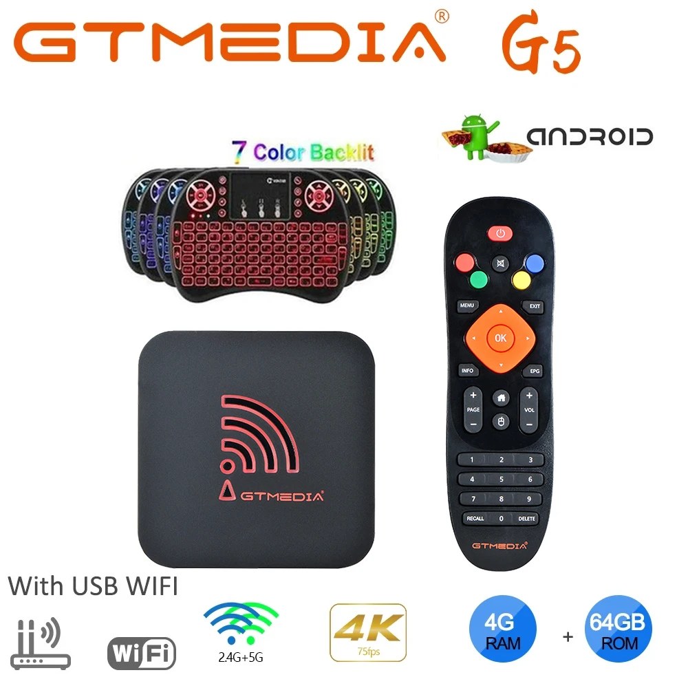 

Android 9.0 Original GTmedia G5 Smart TV Box, Amlogic S905X2 4GB+64GB Quad-Core ARM, 2.4G+5G WIFI Bluetooth , 4k HDR Set top box