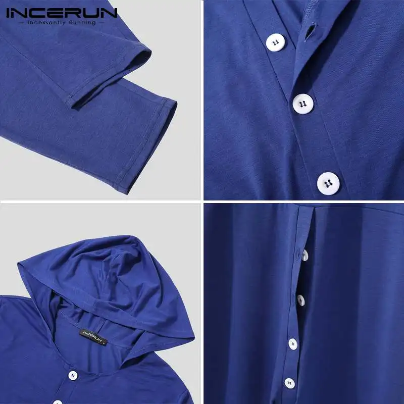 

INCERUN Solid Color Men Jumpsuits Pajamas Hooded Long Sleeve Button Comfortable Rompers Men Overalls Nightwear Homewear S-5XL 7