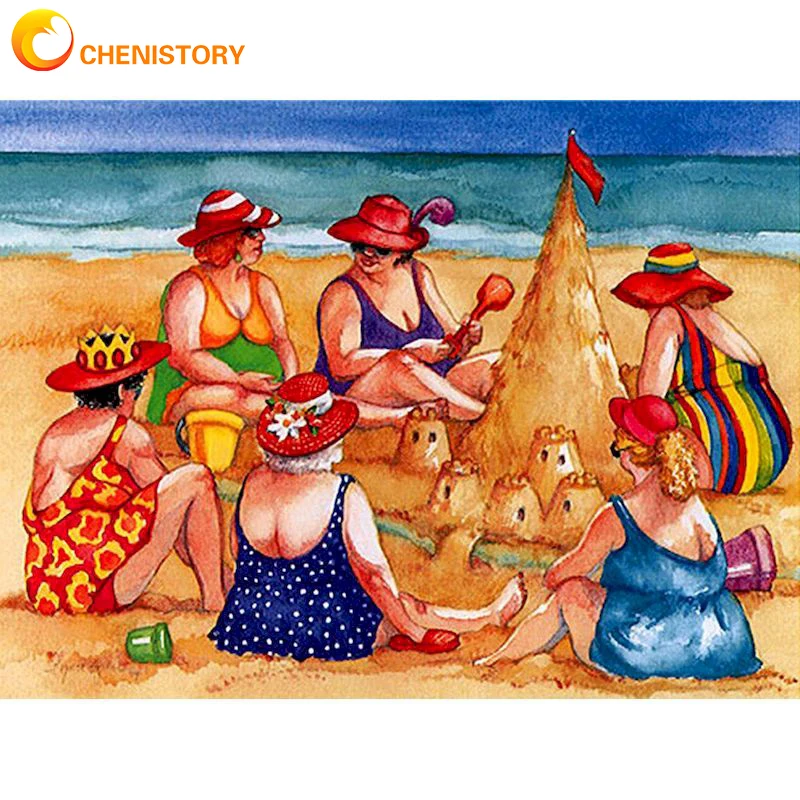 

CHENISTORY Beach Play DIY Painting By Numbers Girl Coloring By Numbers HandPainted Kit Drawing Canvas Pictures Figure Home Decor