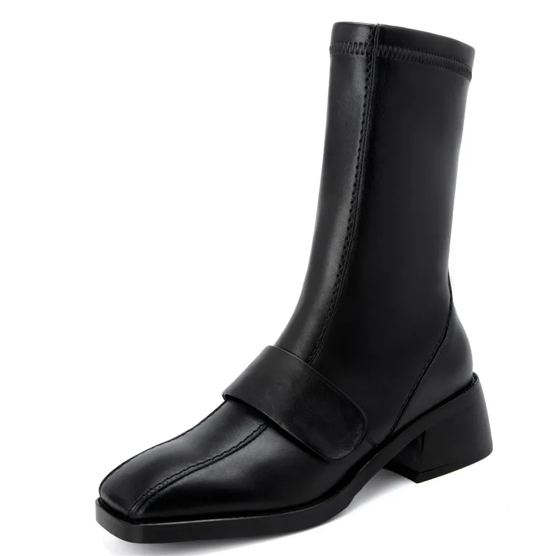 Женские ботинки Челси FEDONAS черные из натуральной кожи с квадратным носком на